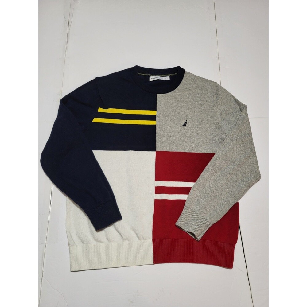 (#18) Nautica Crew Neck Pullover Sweater Cotton Knit Colorblock Long Sleeve L